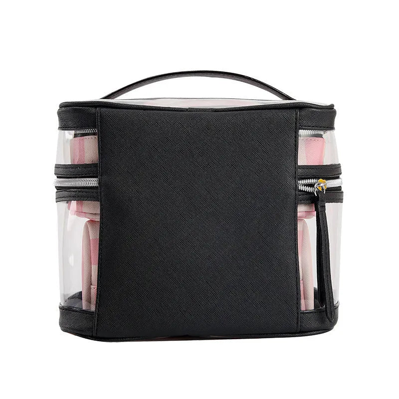 Pink bold stripes floral pattern makeup bag with synthetic leather waterproof construction