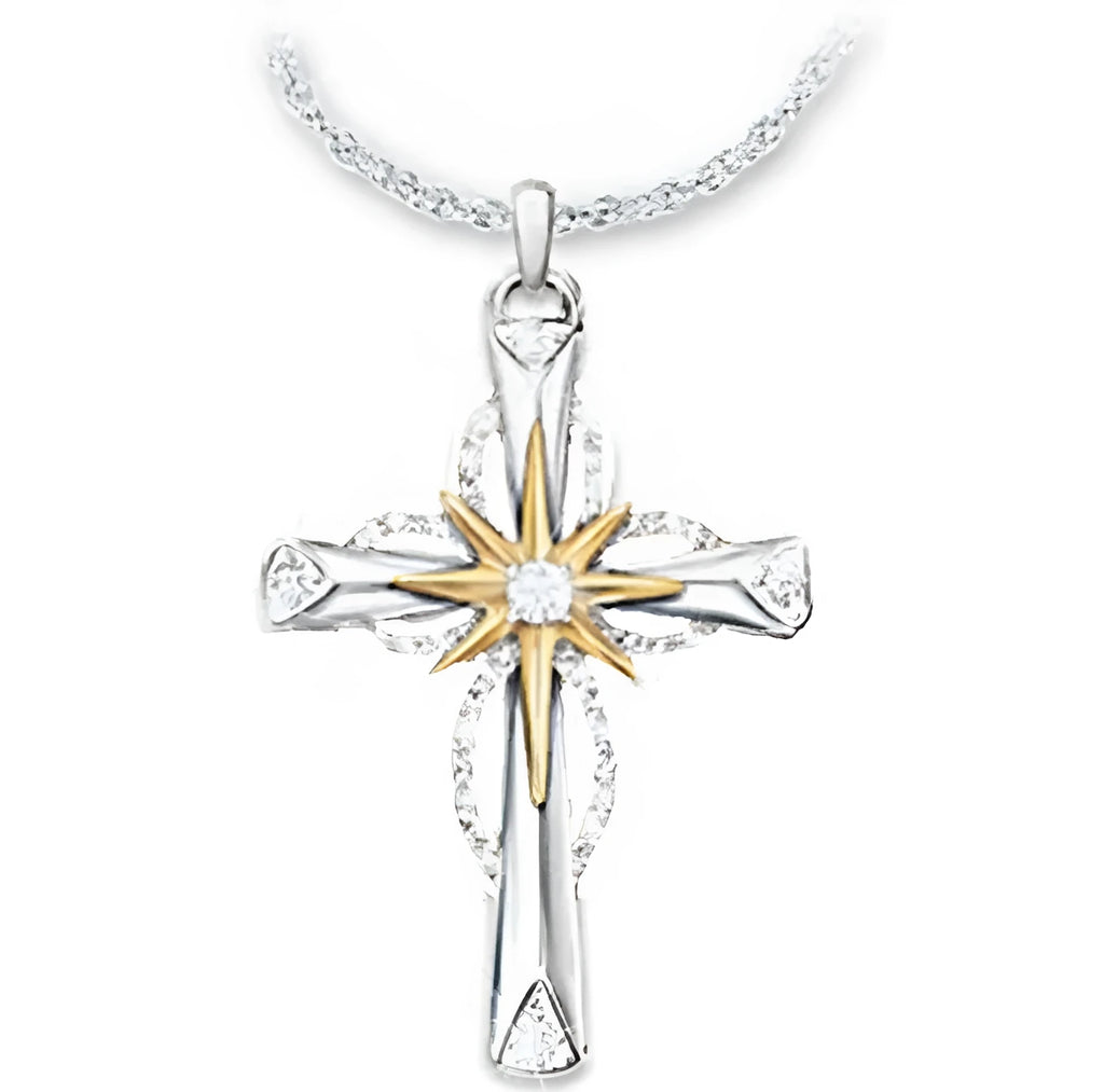 Silver alloy cross pendant with octagonal star detail on ring chain, 22x15mm size