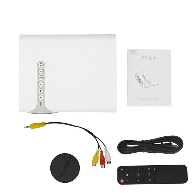 Black and white mini mobile phone projector with LED lens for wireless projection up to 138 inches.