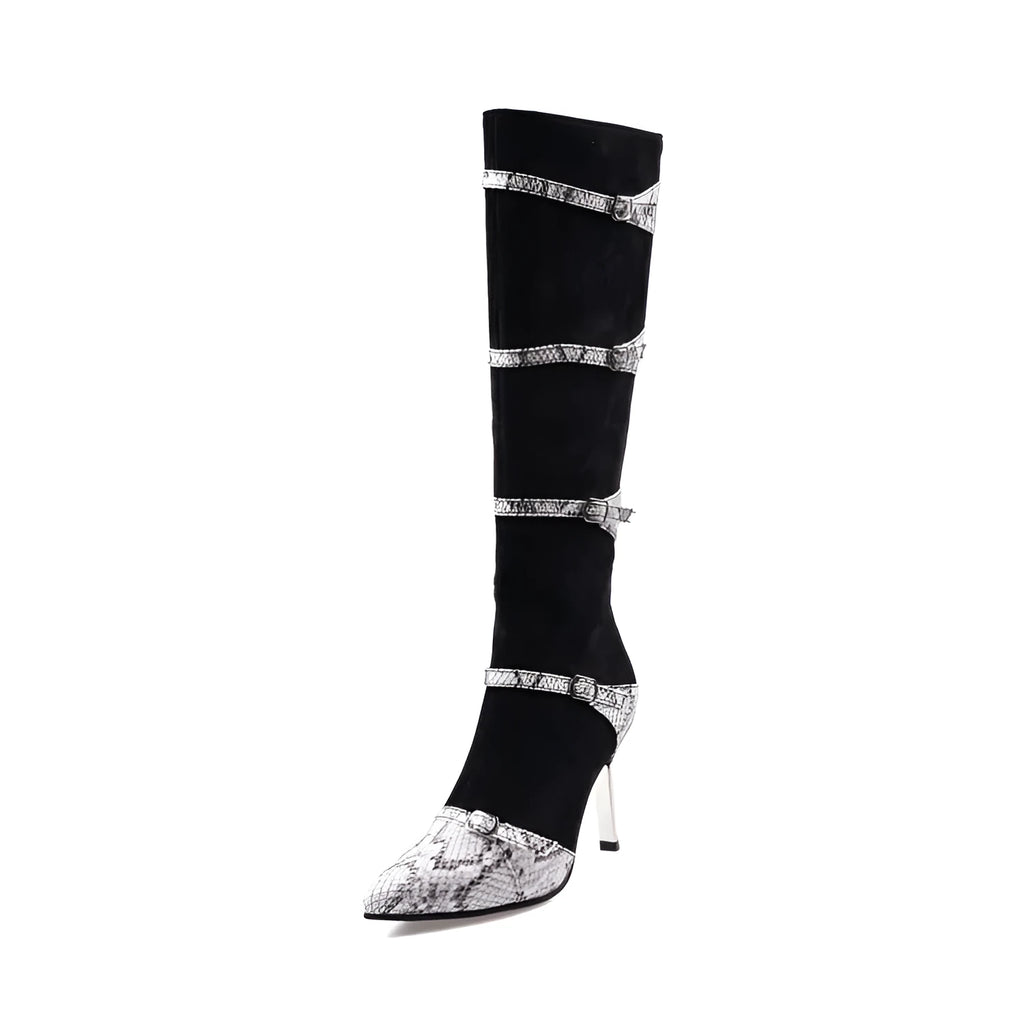 Grey and black women's knee high boots with a thin 9cm high heel on a rubber sole.