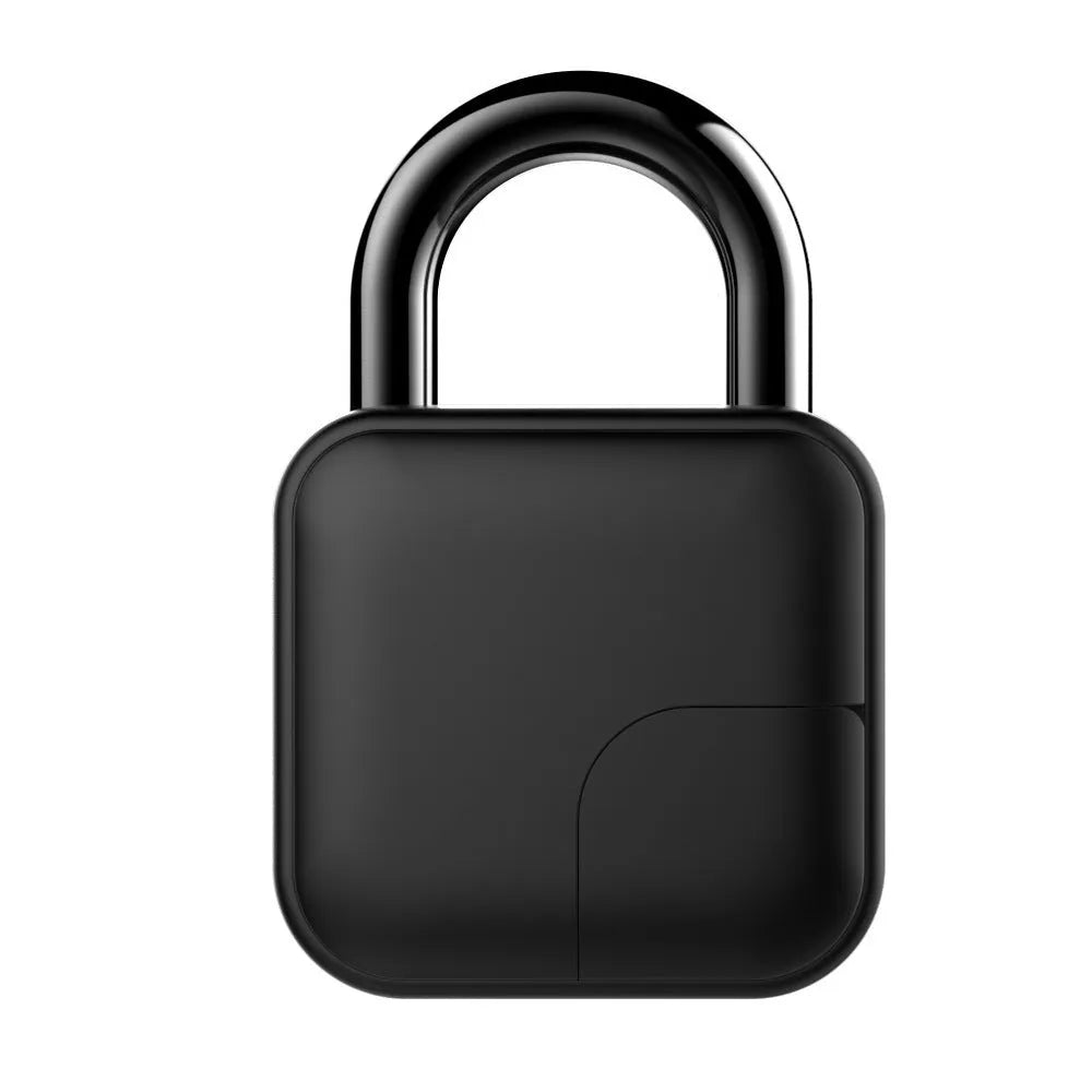 Black zinc alloy smart fingerprint padlock with Bluetooth remote, L3 model, on a blue background