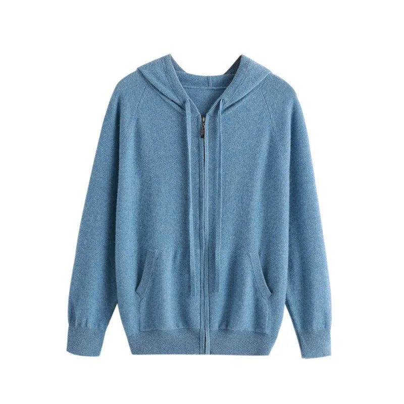 Men's hooded knitted cashmere cardigan with zipper front in solid colours for business casual wear