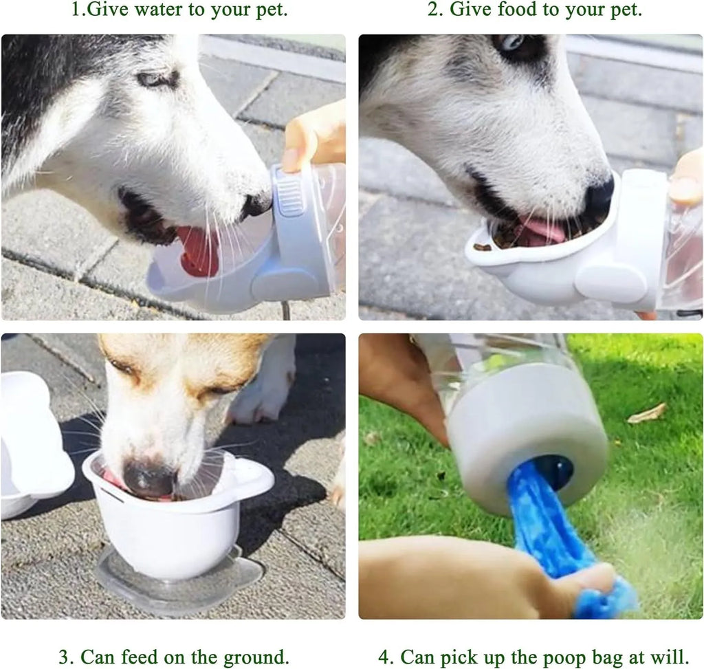 Green 3-in-1 portable pet water bottle with attached bowl, food container, and waste bag dispenser.