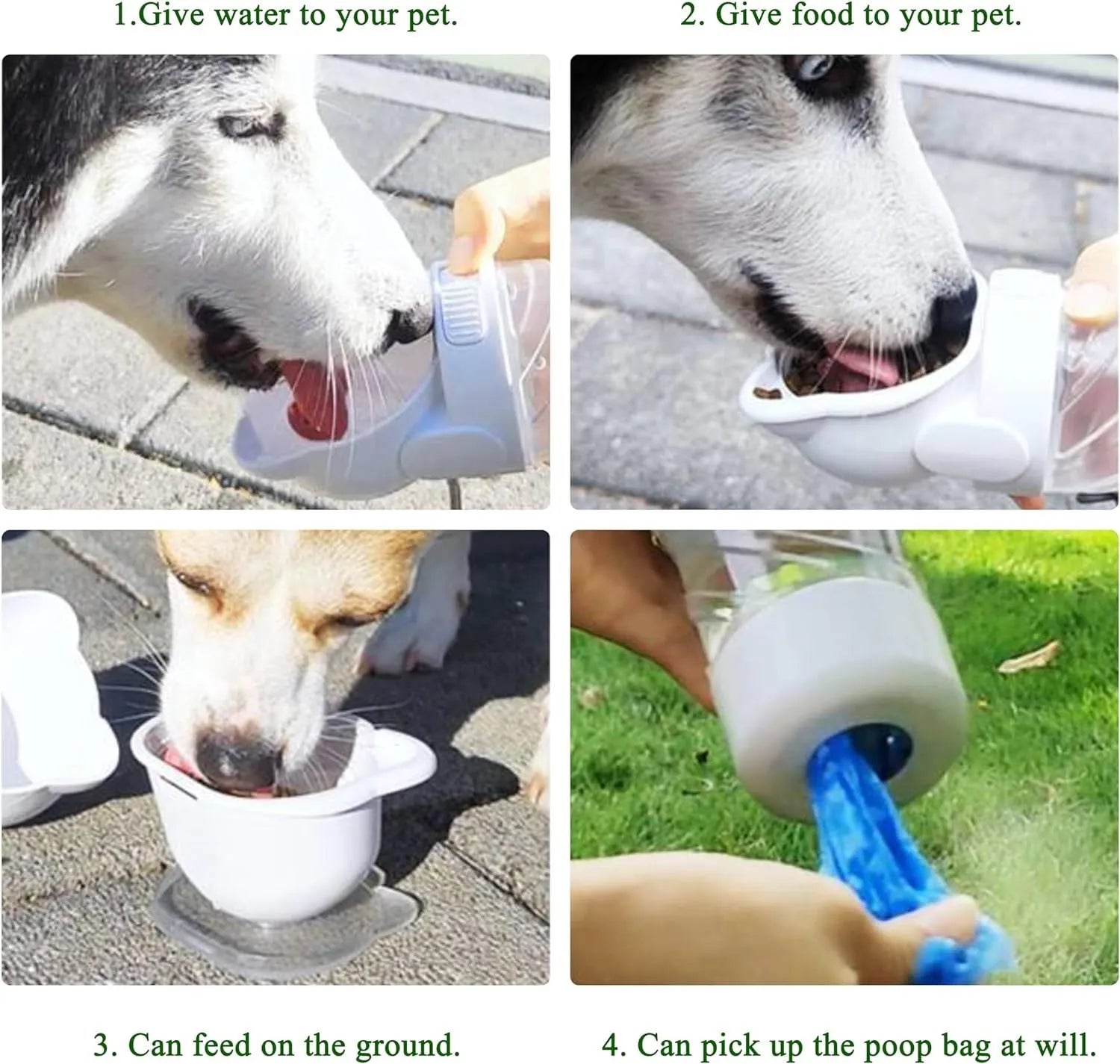 Green 3-in-1 portable pet water bottle with attached bowl, food container, and waste bag dispenser.
