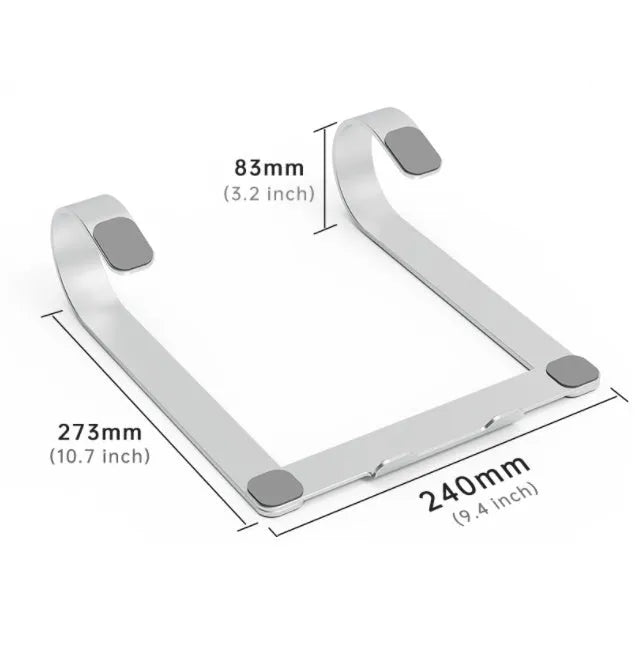 Silver aluminium alloy laptop stand with adjustable height shown at 45-degree angle