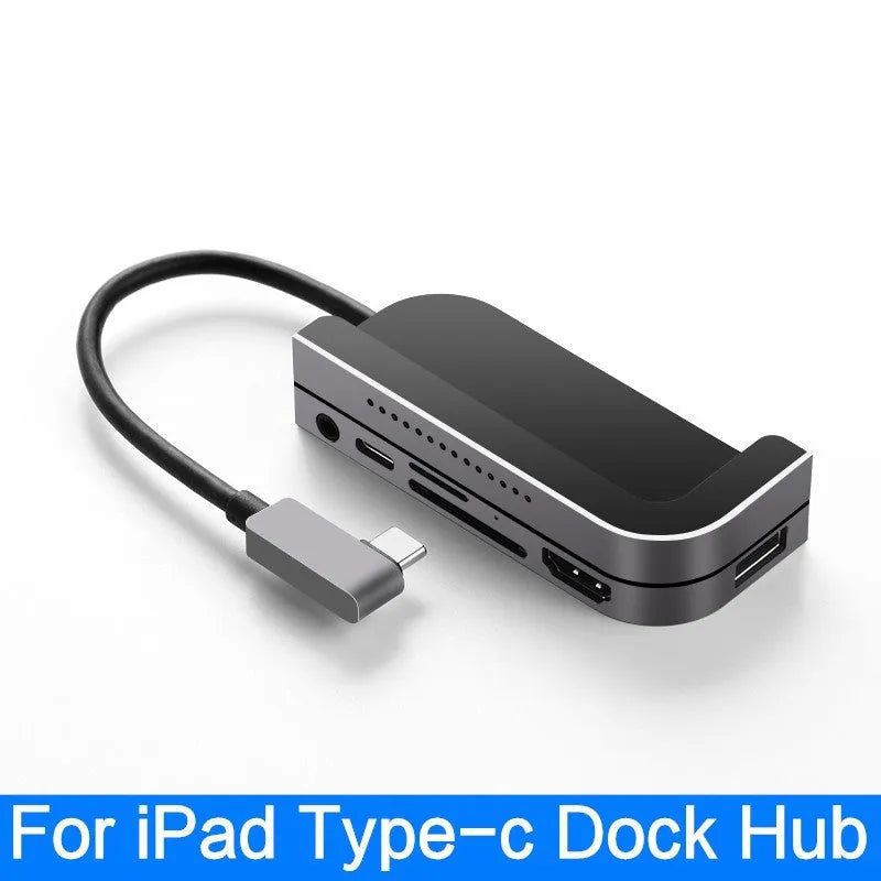 Silver aluminium grey 6-in-1 USB-C docking station and hub for iPad Pro tablets