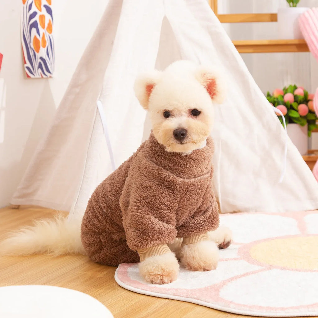 Double-sided plush dog clothes with high collar and towing ring in khaki, pink, or blue colours