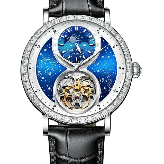 Automatic mechanical watch with black leather strap showing 14mm thick waterproof case on wrist