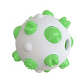 Blue green and yellow spherical dog chew toy with textured bumps and a hollow centre.