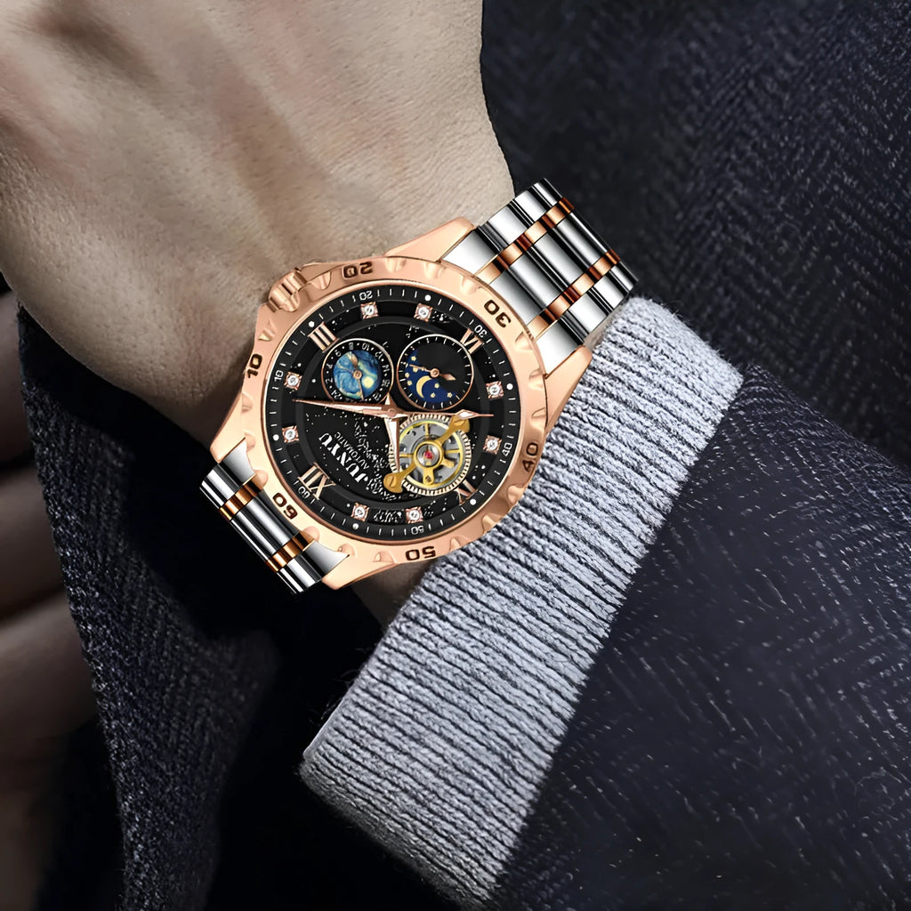 Men's automatic mechanical waterproof watch with luminous hands in a choice of four colour finishes.