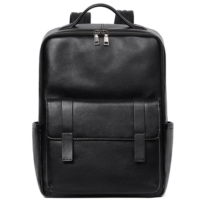 Black genuine leather men's laptop backpack with woven details and adjustable straps.