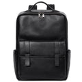 Black genuine leather men's laptop backpack with woven details and adjustable straps.