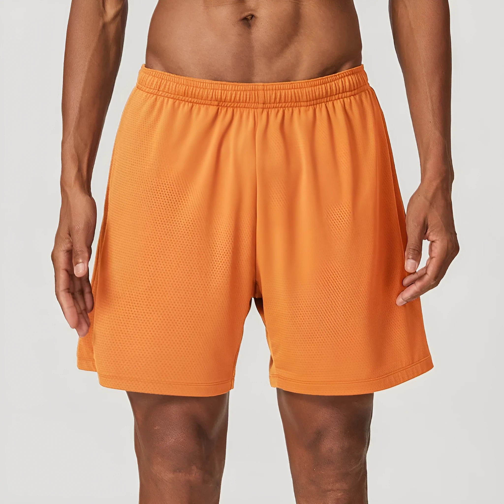 Men's double-layer running shorts in sky green colour on a mannequin, showing mid-waist and shorts length.