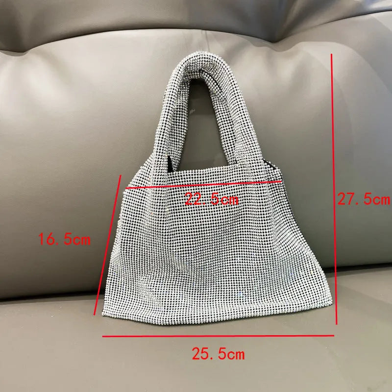 Silver shiny rhinestone evening handbag with open outer pocket for women's parties.