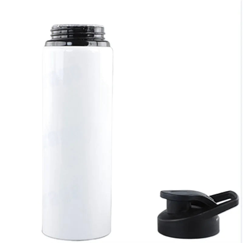 White aluminium sports water bottle with leak-proof lid, shown in 600ml and 750ml capacities for cycling and running.