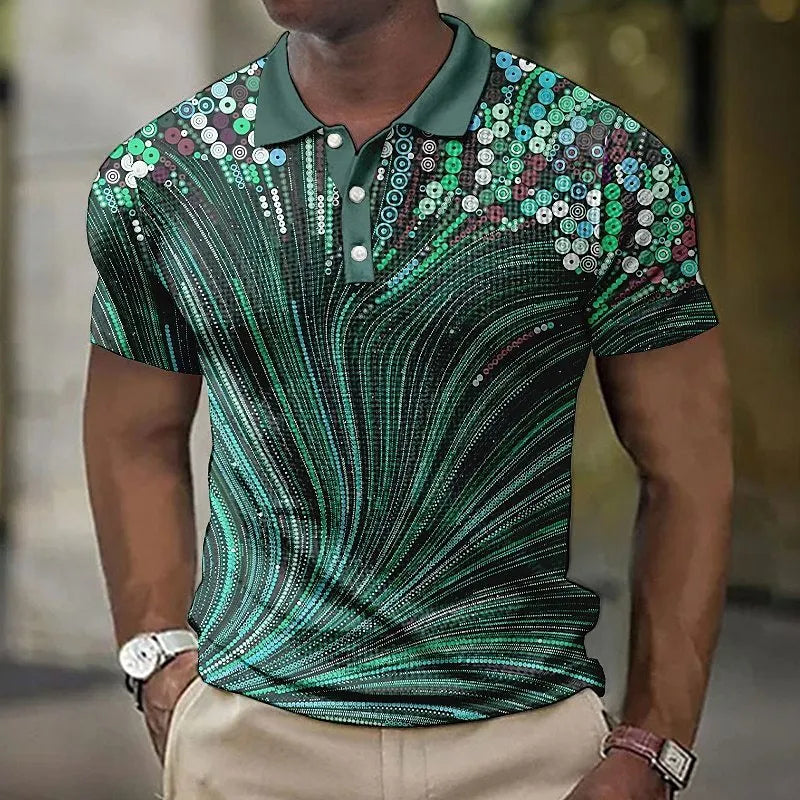 Men's geometric printed striped short sleeve button shirt with asymmetric styling