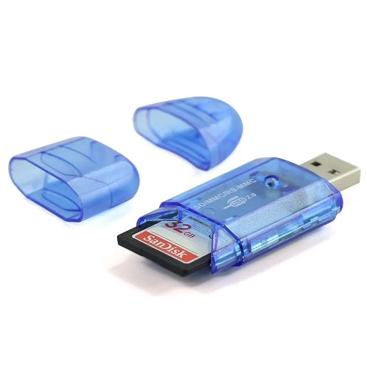 Transparent USB card reader with LED light and SD card slots on a desk.