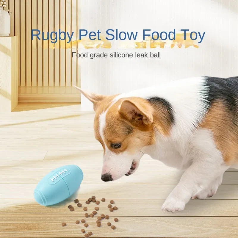 Silicone rugby ball dog chew toy with treat dispenser in four colour variations