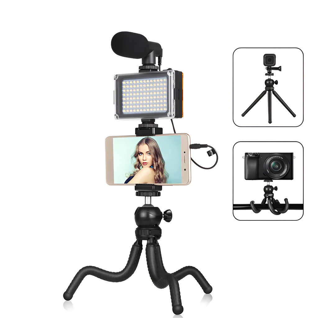 Octopus-style flexible tripod live broadcast kit with fill light and microphone accessories on a table