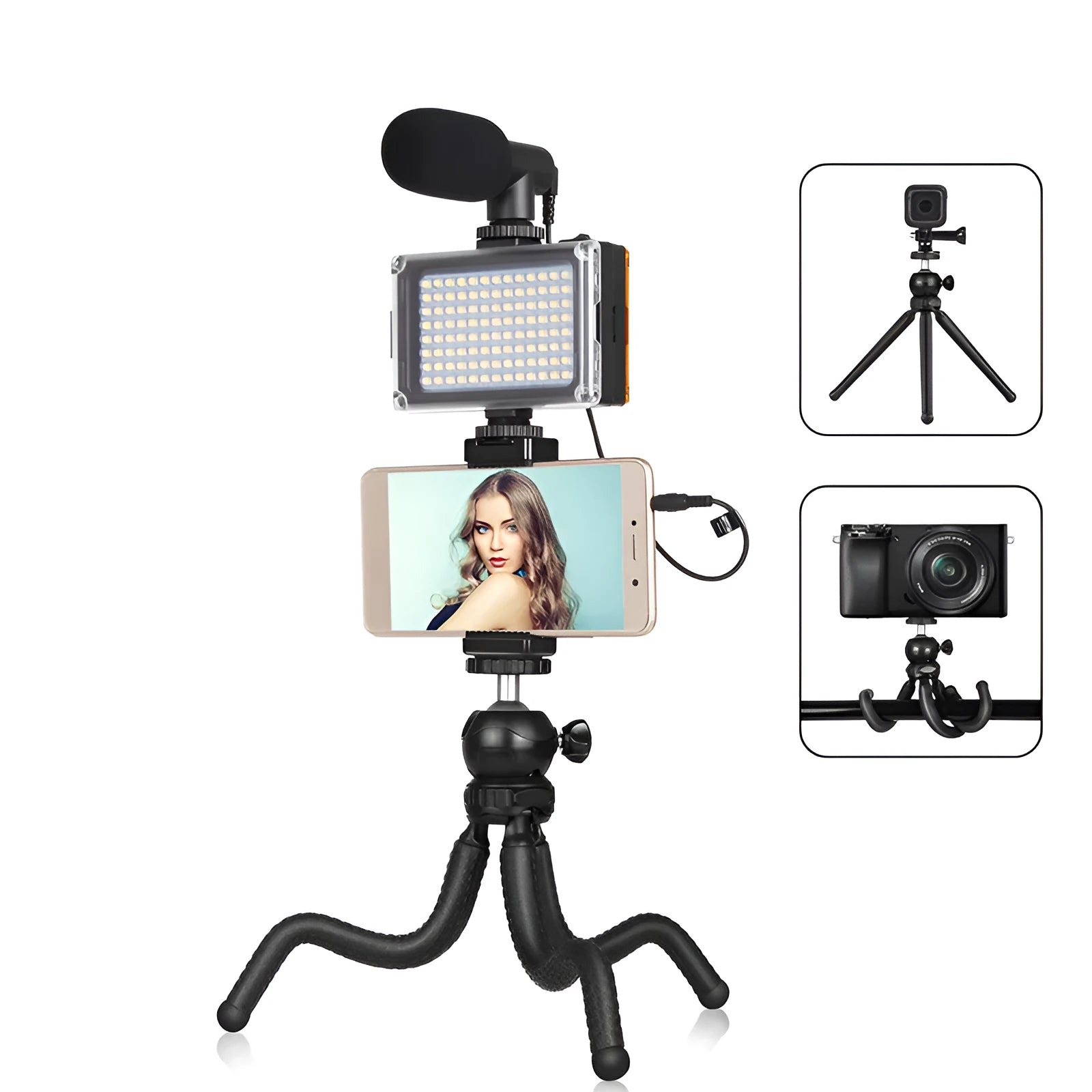 Octopus-style flexible tripod live broadcast kit with fill light and microphone accessories on a table
