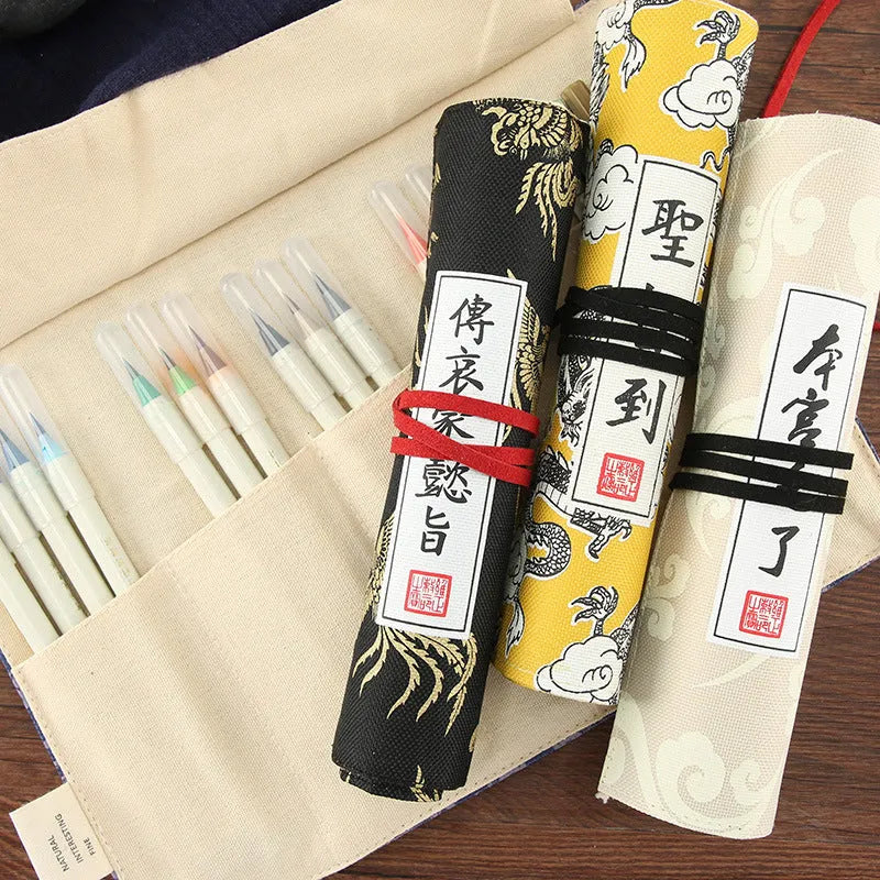 Oxford cloth court style pencil case in black, blue, light yellow, or yellow, showing 28.5mm by 200mm size