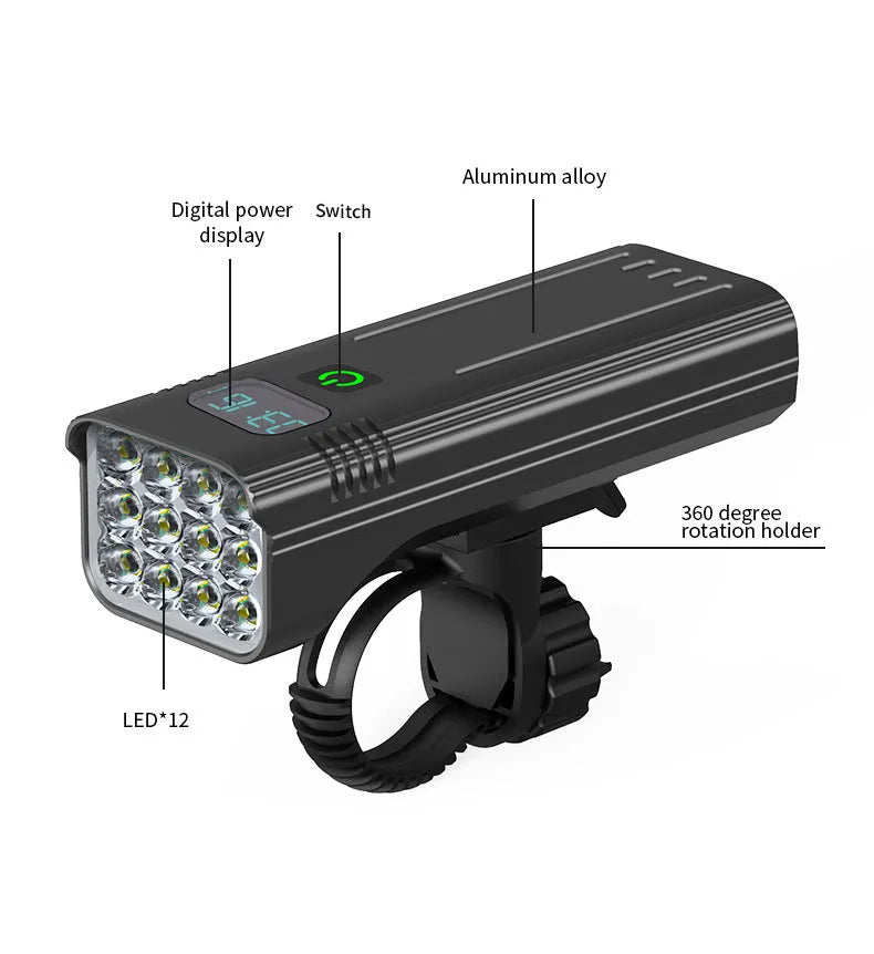 Black KX12DF digital display bicycle headlight with aluminium alloy barrel on a 360-degree rotating bracket.