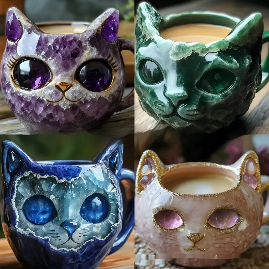 Handmade purple geode mug and crystal cat cup resin craft ornament on a table.