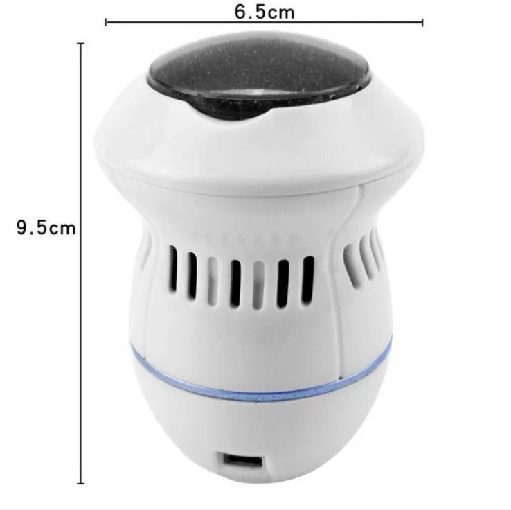 Beige and white electric foot file grinder with USB cable and two diamond grinding heads on a plain background