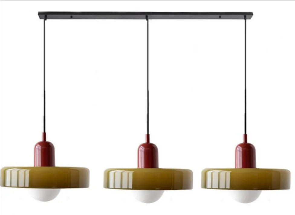 Retro three-head glass chandelier with iron frame in wine red or tea green colour