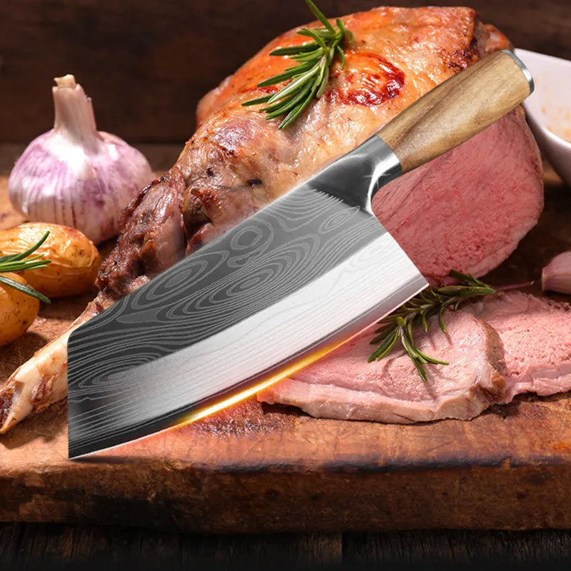 Stainless steel kitchen knife with a 40Cr13 steel blade, showing its 320mm length.