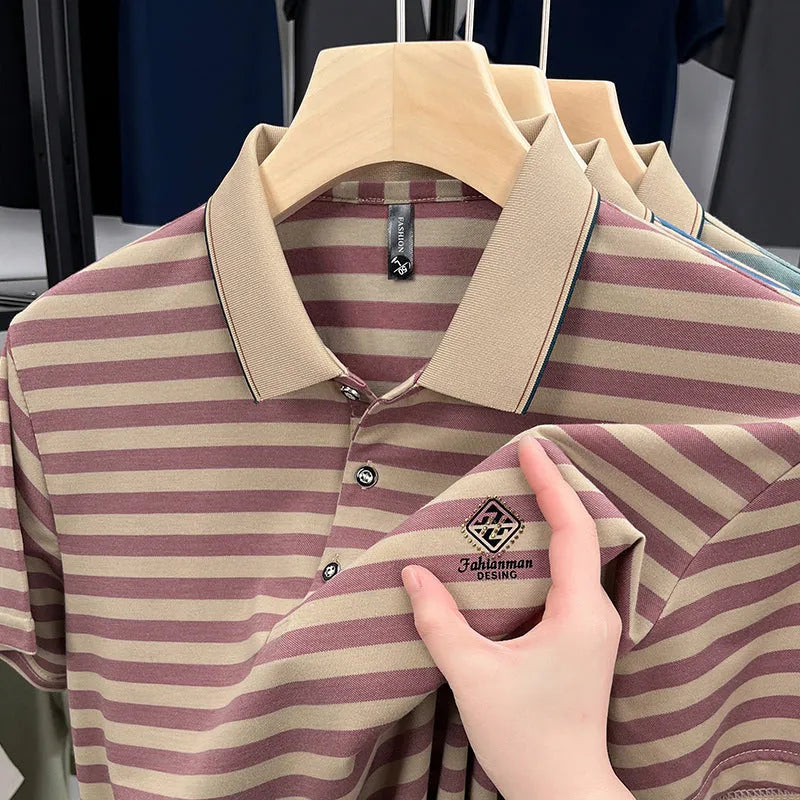 Man wearing a red striped short sleeve casual T-shirt with a mosaic pattern.