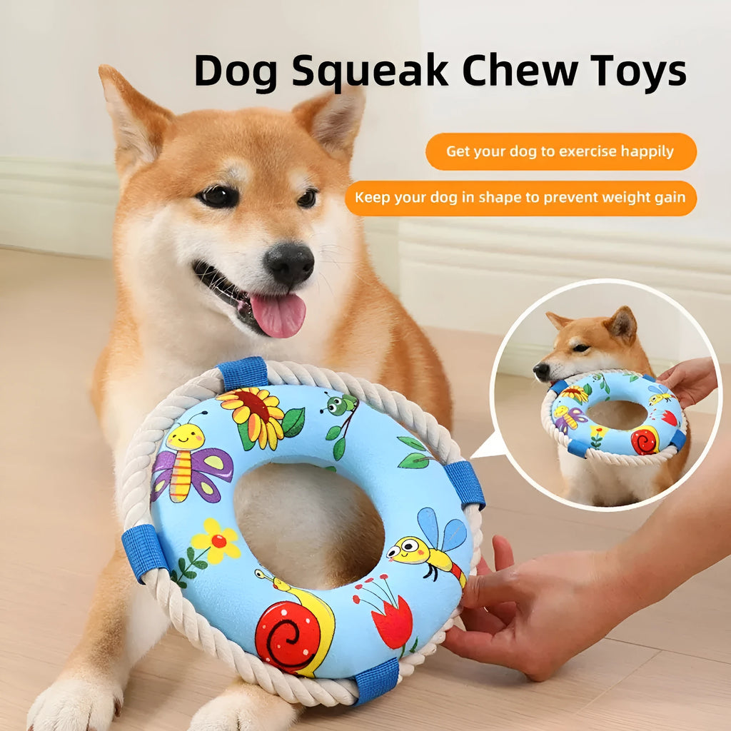 25cm diameter soft plush dog pull ring toy with squeaker for fetch games and chew training