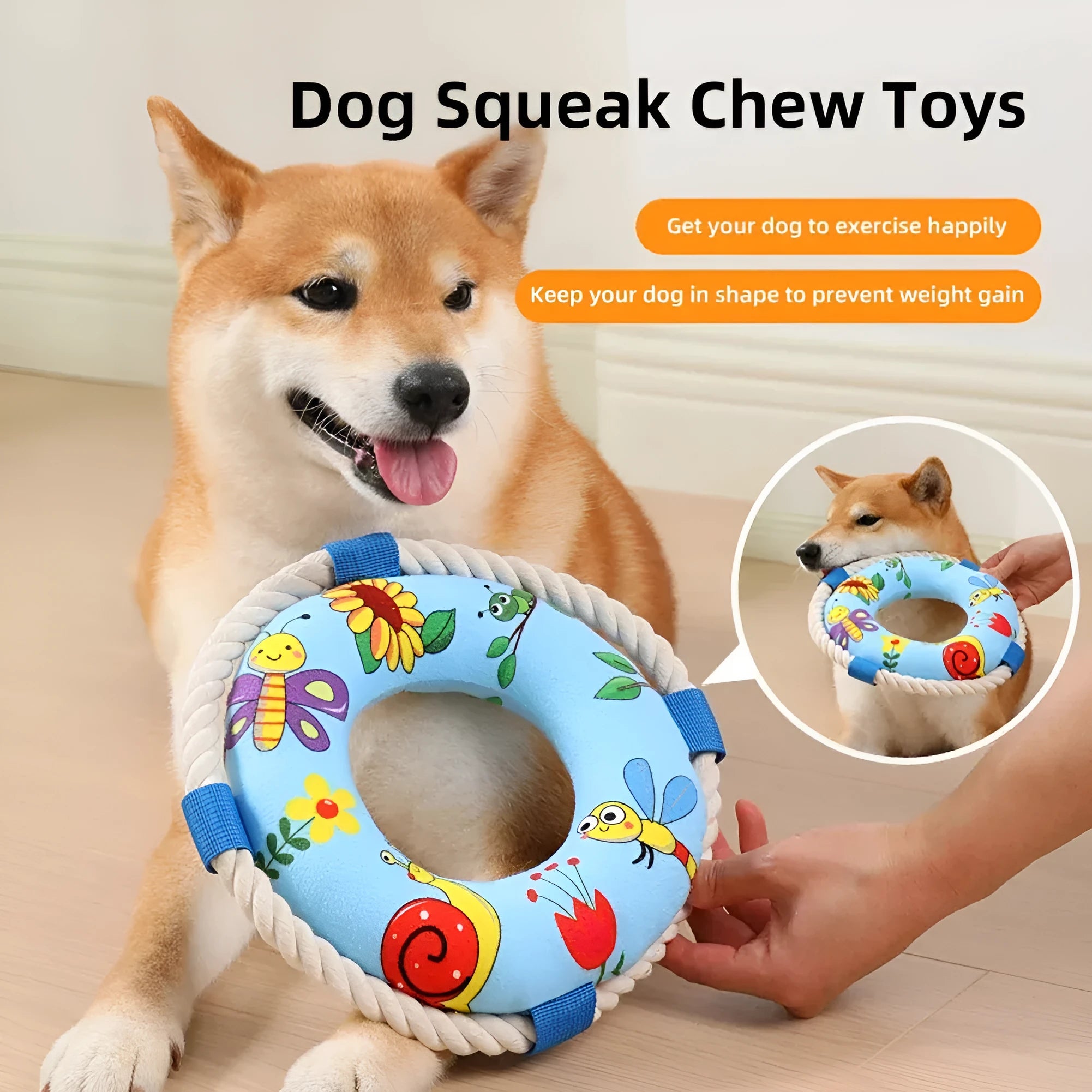25cm diameter soft plush dog pull ring toy with squeaker for fetch games and chew training