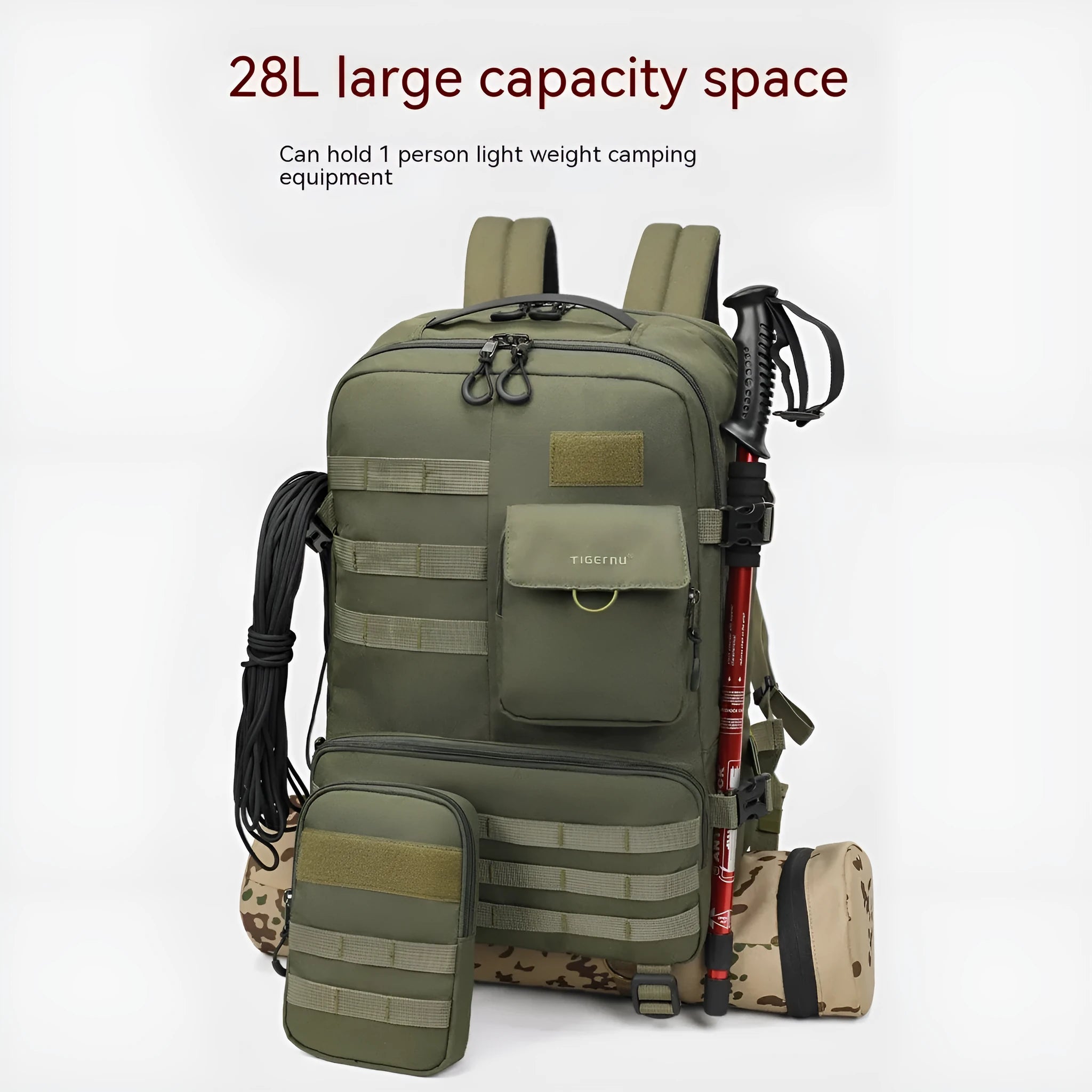 Army green tactical backpack with 17-inch laptop compartment and 35-litre capacity