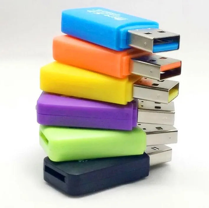 Mini USB memory card reader with slots for TF microSD and SD cards, shown with a 16GB microSD card.