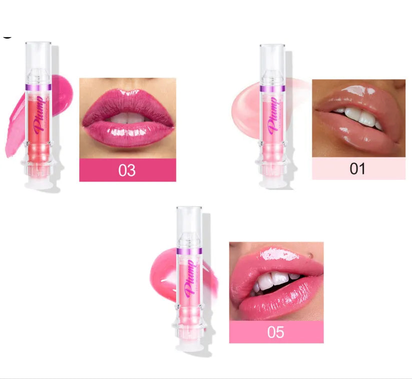 Lip gloss tube with mirror finish showing shiny application on lips