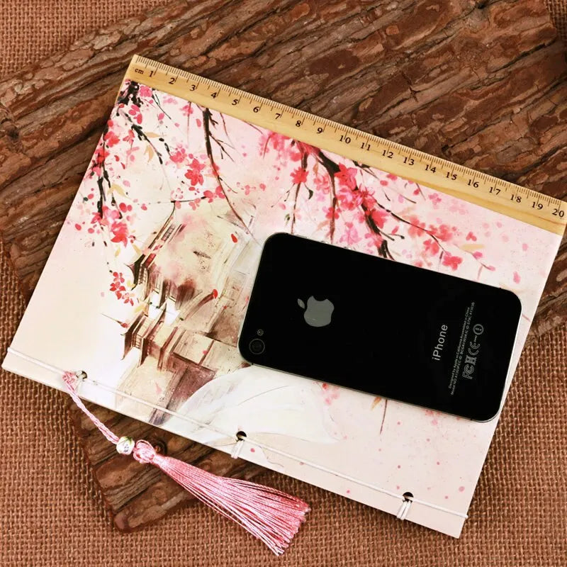 Azalea coloured Chinese style notebook with watercolour art cover and traditional thread binding