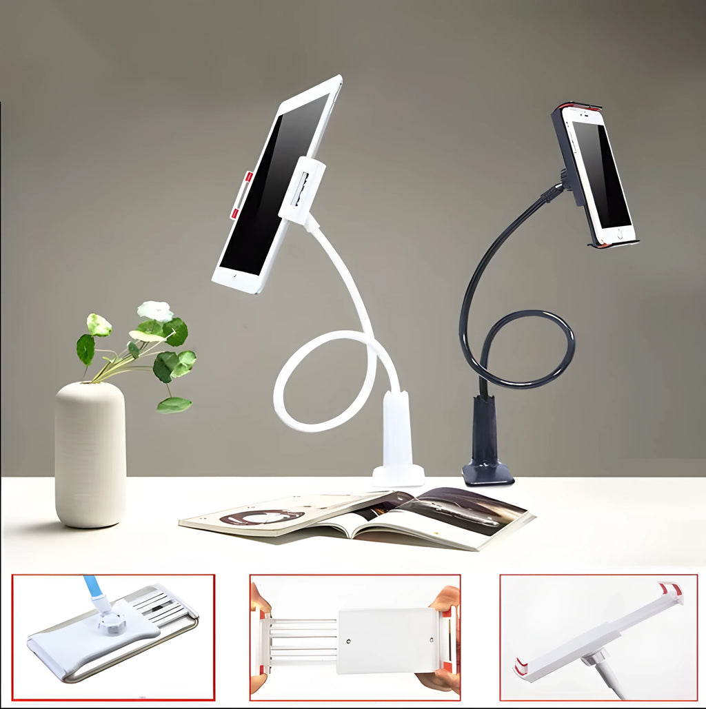 Black bedside oversize flat panel phone holder with long flexible arm mounted on a wooden table.