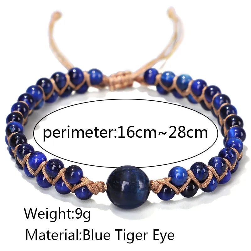 Hand-woven geometric pull bracelet with tigereye stone beads in blue or amethyst colour