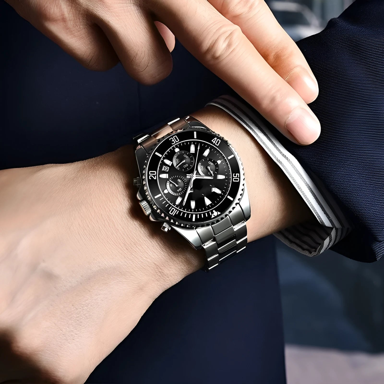 Men's casual steel band watch with night light, 43mm round alloy case, stainless steel buckle, black dial