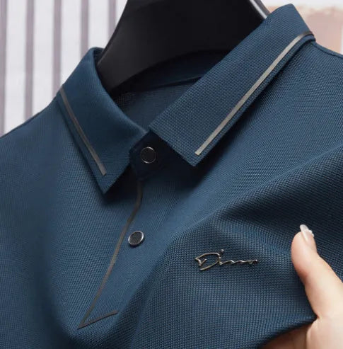 Men's ice silk short sleeve polo shirt in khaki with shirt collar, loose fit summer top