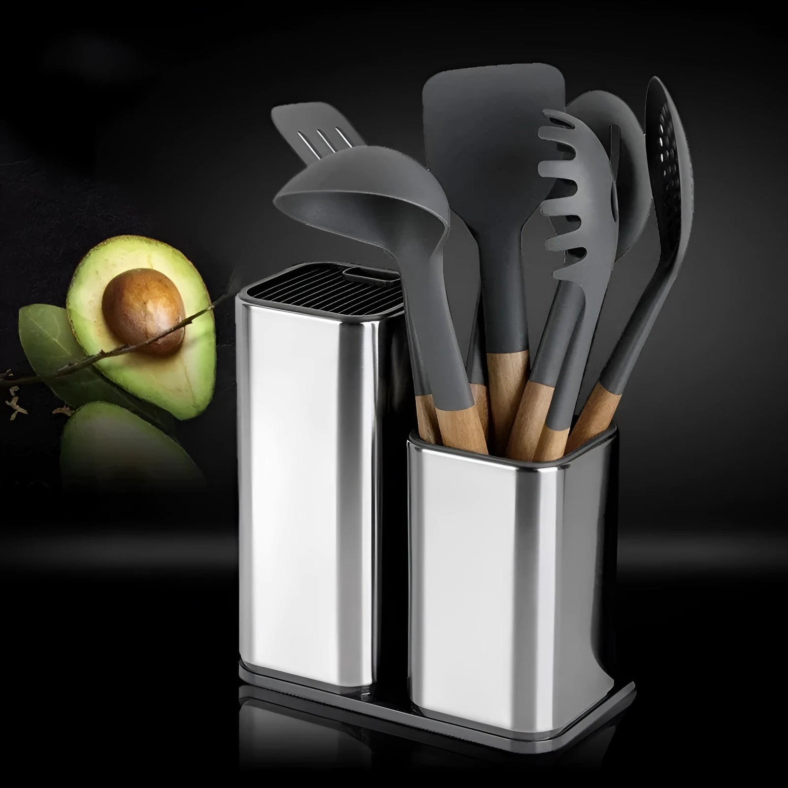 Stainless steel kitchen tool holder with detachable drain base, shown with knives and utensils stored inside.