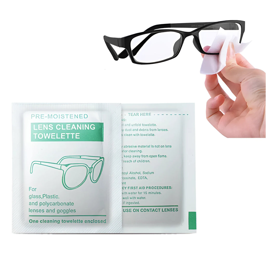 Pack of 100 individually sealed white lens cleaning wipes for glasses and screens