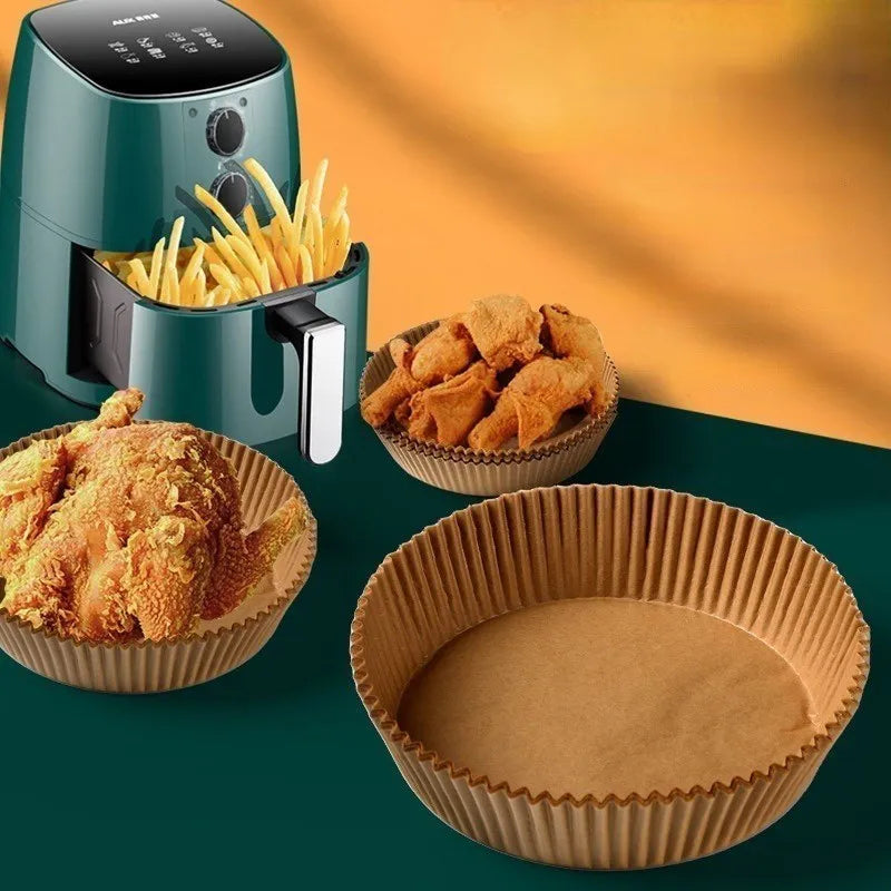 Pack of white round disposable paper liners for air fryer with 4.5cm high edge