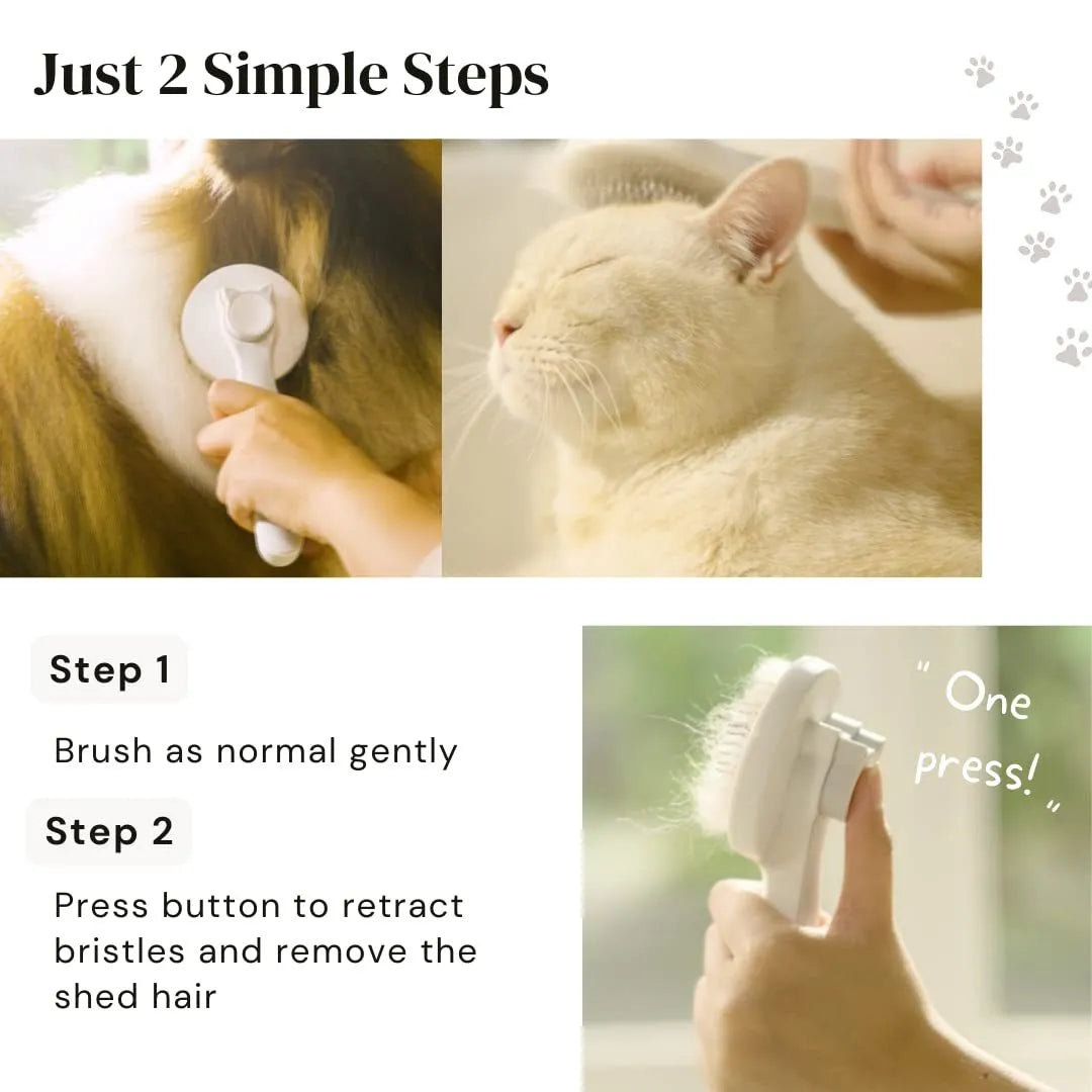 Self-cleaning pet grooming brush with stainless steel tips and blue rubber handle