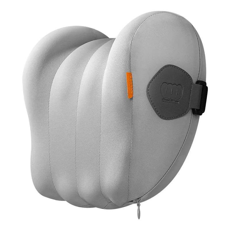 Grey and orange car head rest and lumbar support pillow set with memory cotton filling.