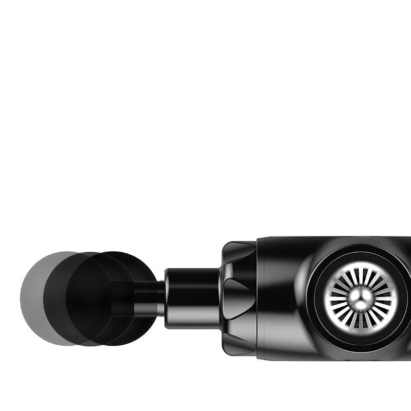 Black and white handheld muscle massage gun with adjustable speed settings