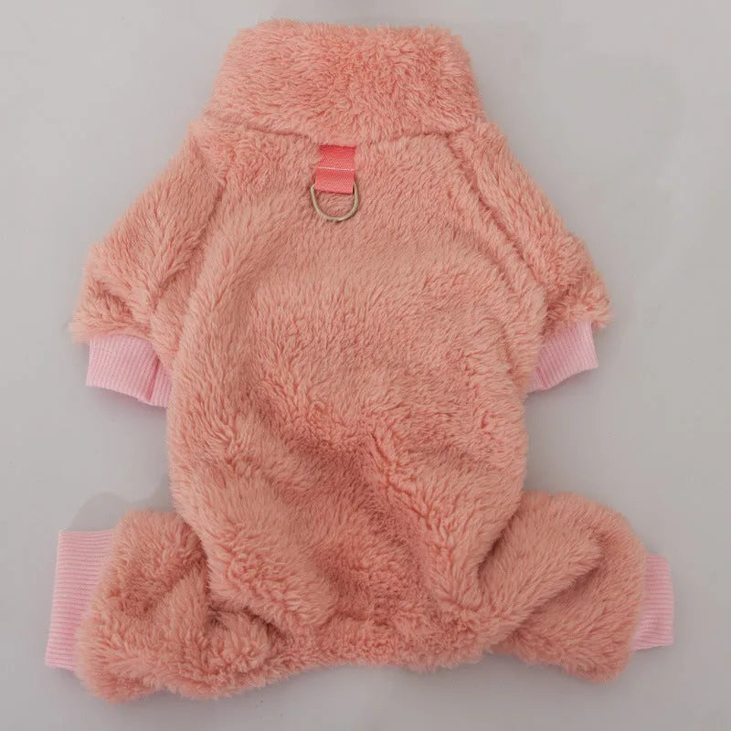 Double-sided plush dog clothes with high collar and towing ring in khaki, pink, or blue colours