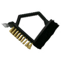 Triangular stainless steel barbecue cleaning brush with steel wire bristles and a black PP handle.