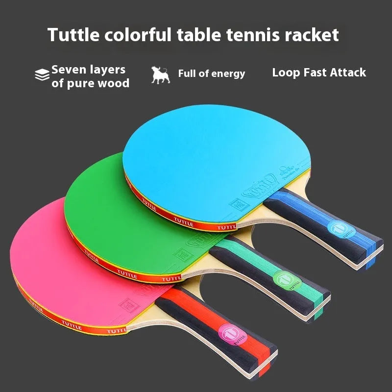 Colourful pure wood table tennis racket with a long handle for shakehand grip, shown with its matching protective cover bag.